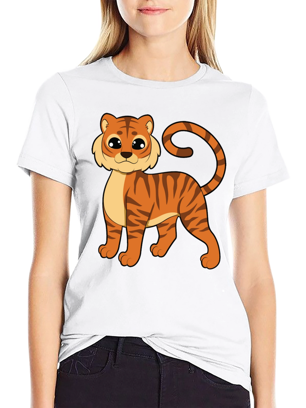 Cute Cartoon Tiger Graphic Black T-Shirt