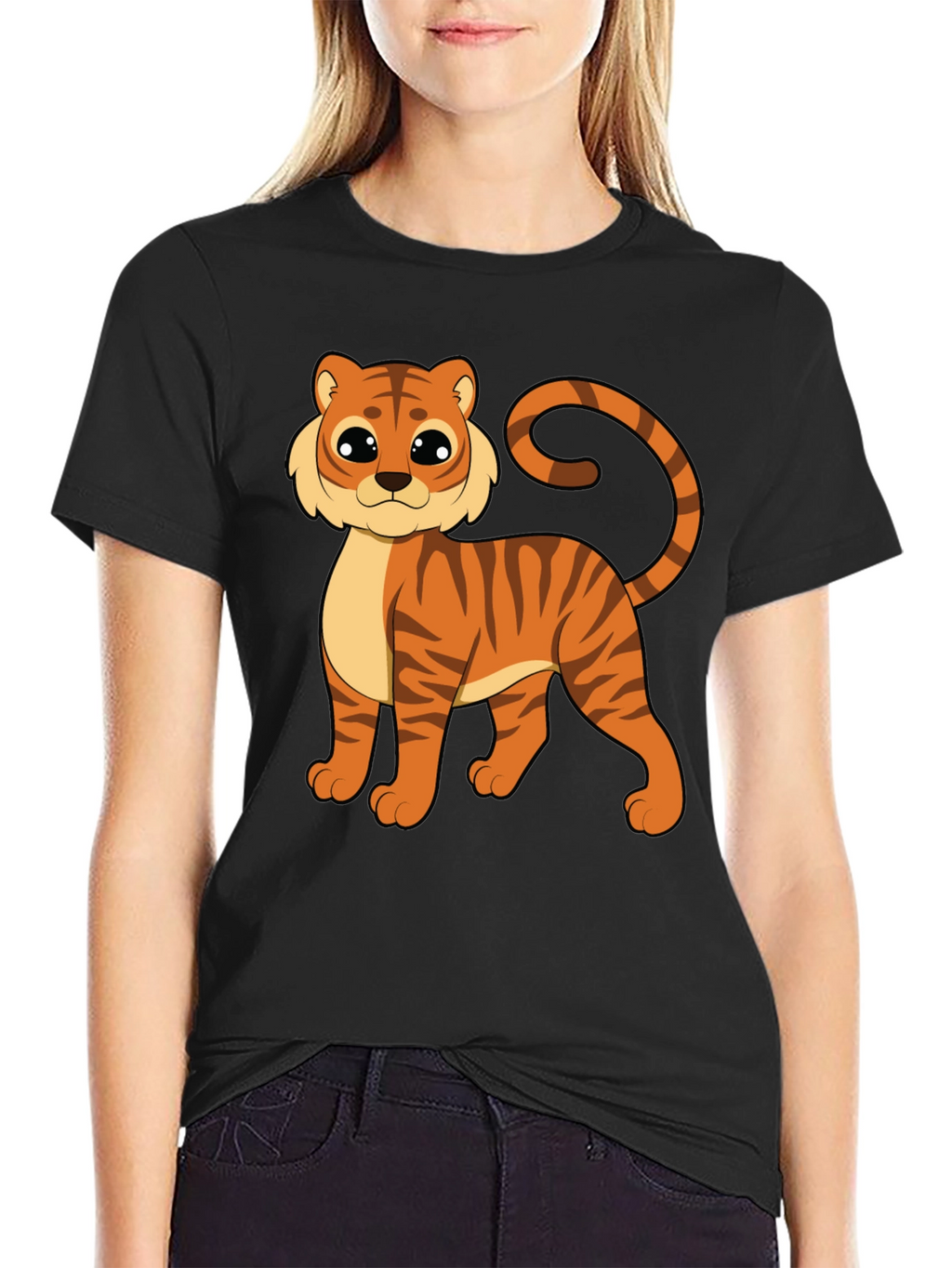 Cute Cartoon Tiger Graphic Black T-Shirt