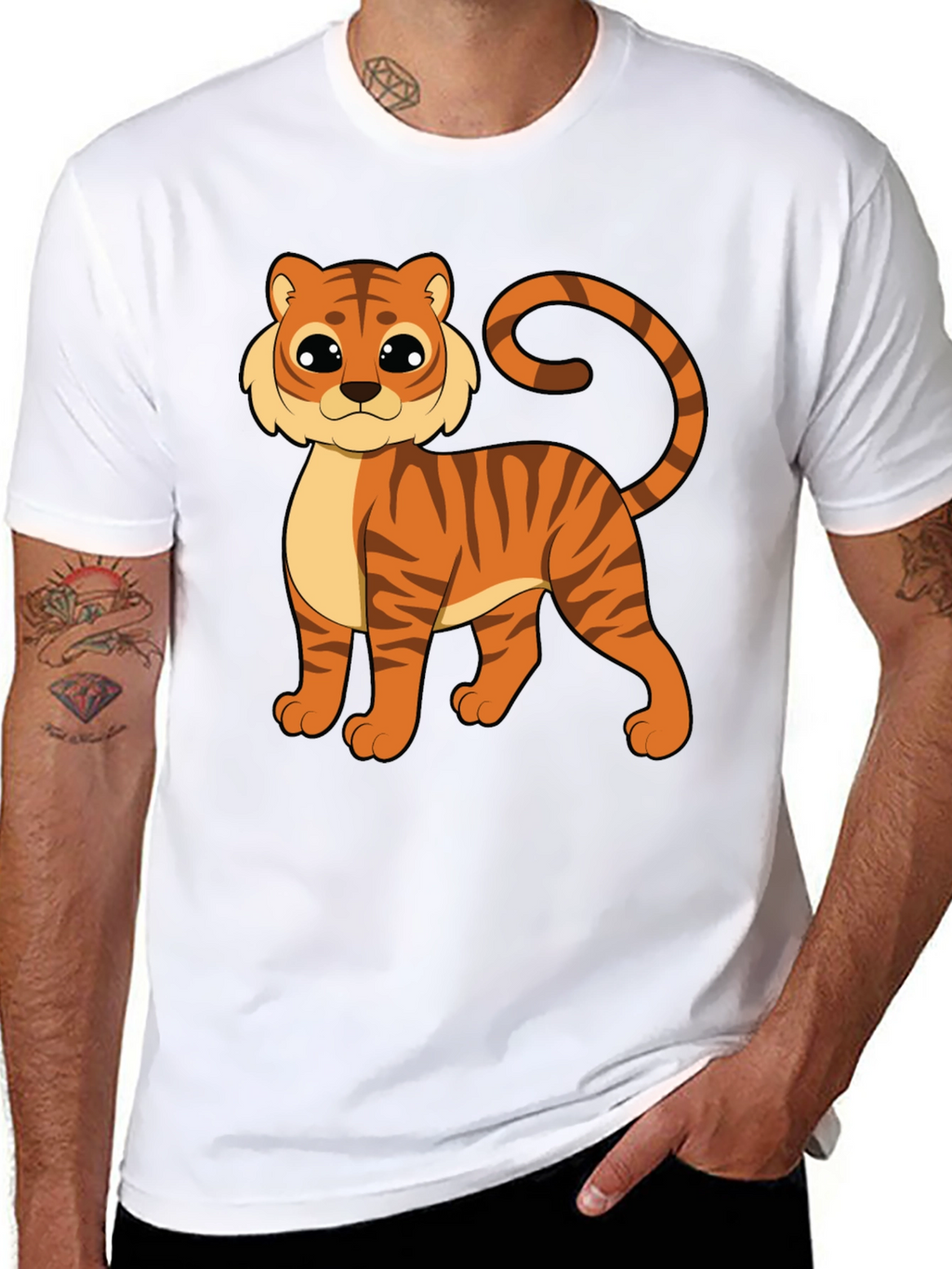Cute Cartoon Tiger Graphic Black T-Shirt