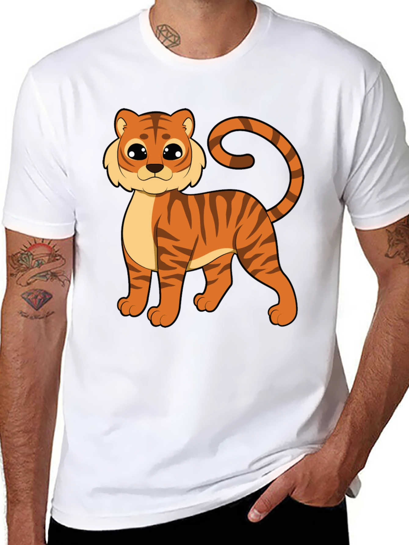 Cute Cartoon Tiger Graphic Black T-Shirt