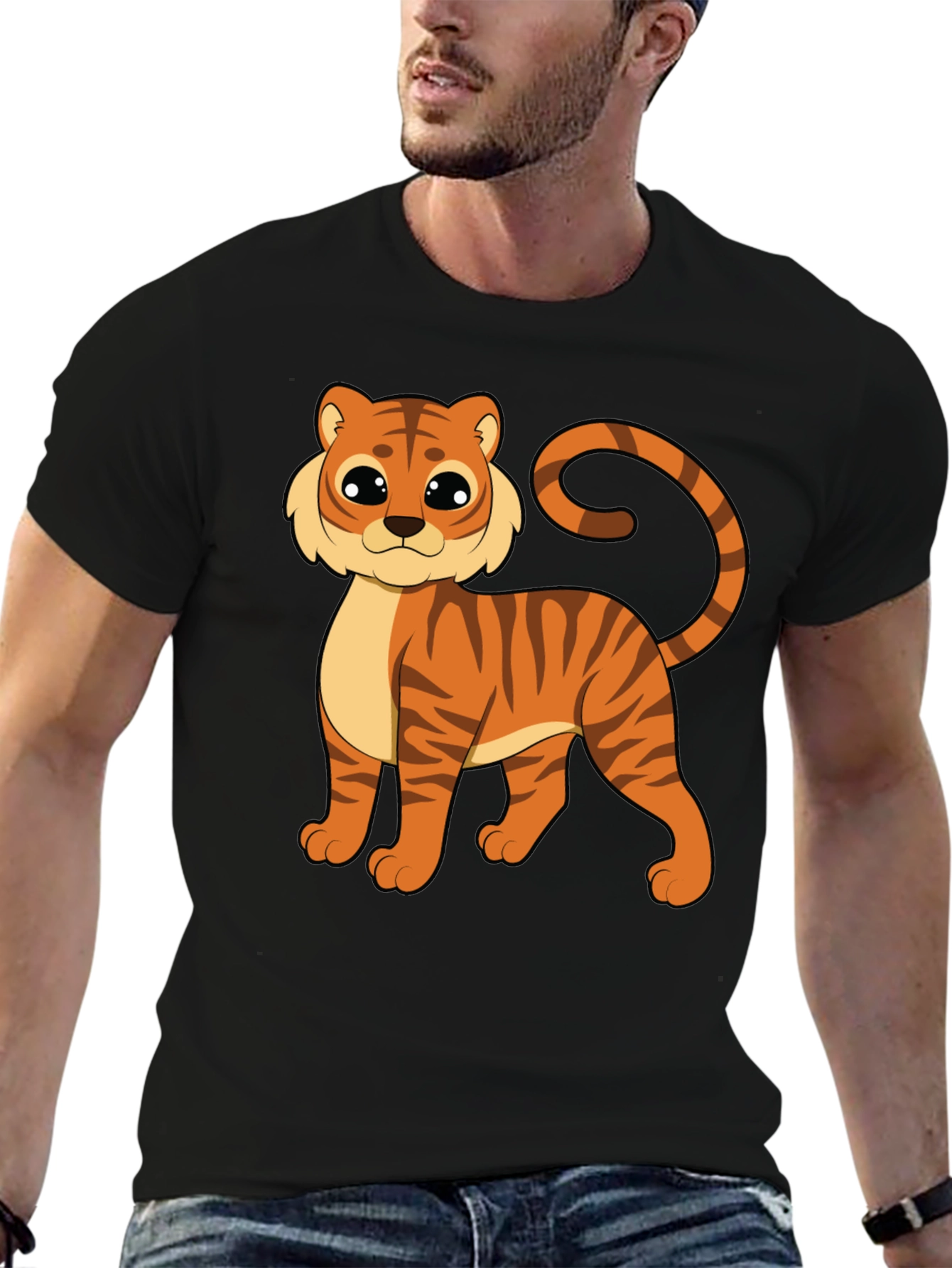 Cute Cartoon Tiger Graphic Black T-Shirt