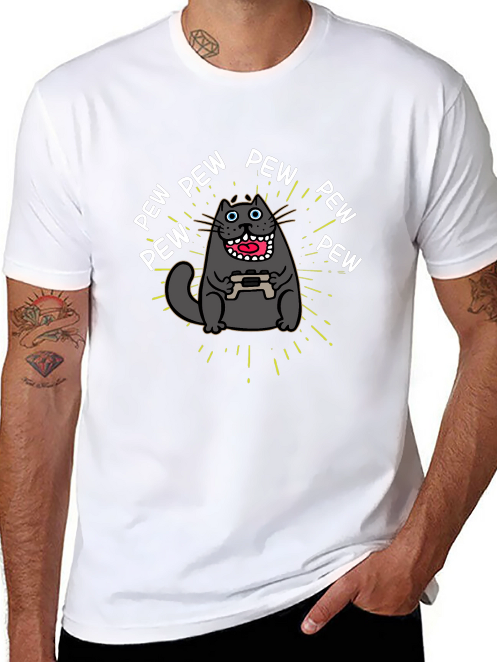Gamer Cat Pew Pew Graphic Black T-Shirt