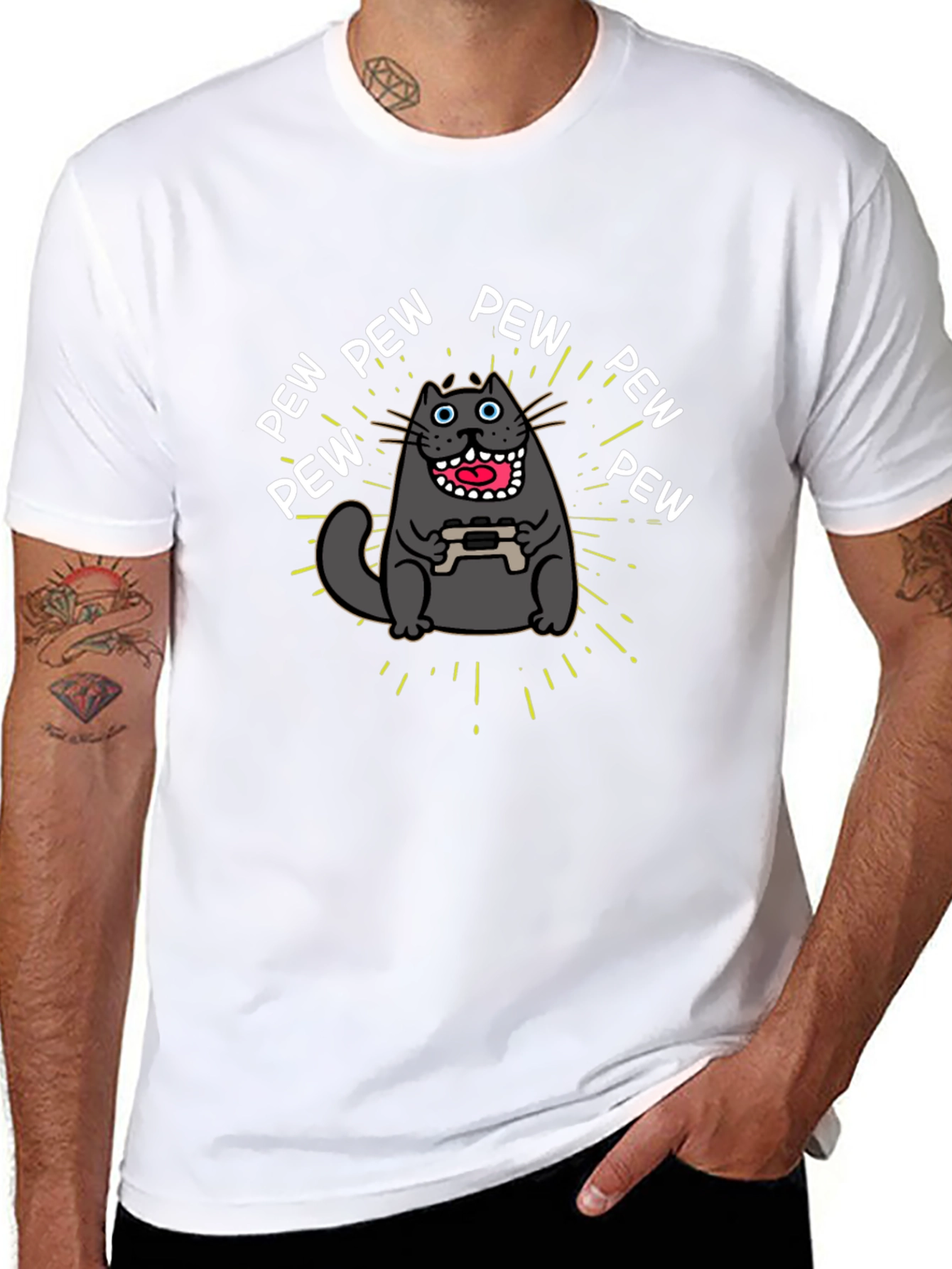 Gamer Cat Pew Pew Graphic Black T-Shirt