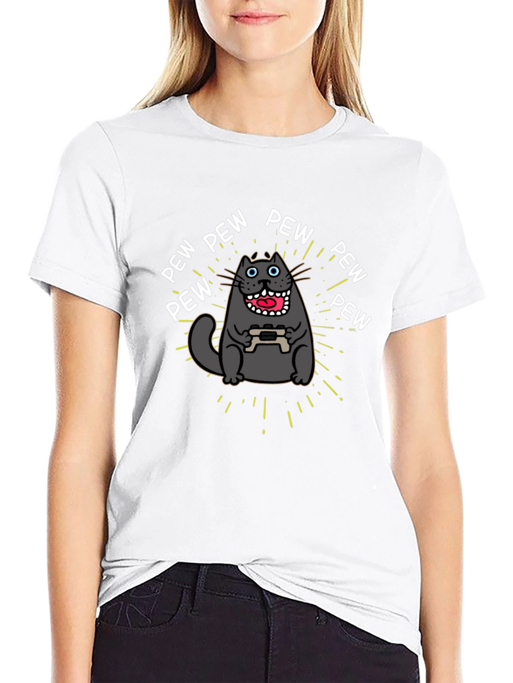 Gamer Cat Pew Pew Graphic Black T-Shirt