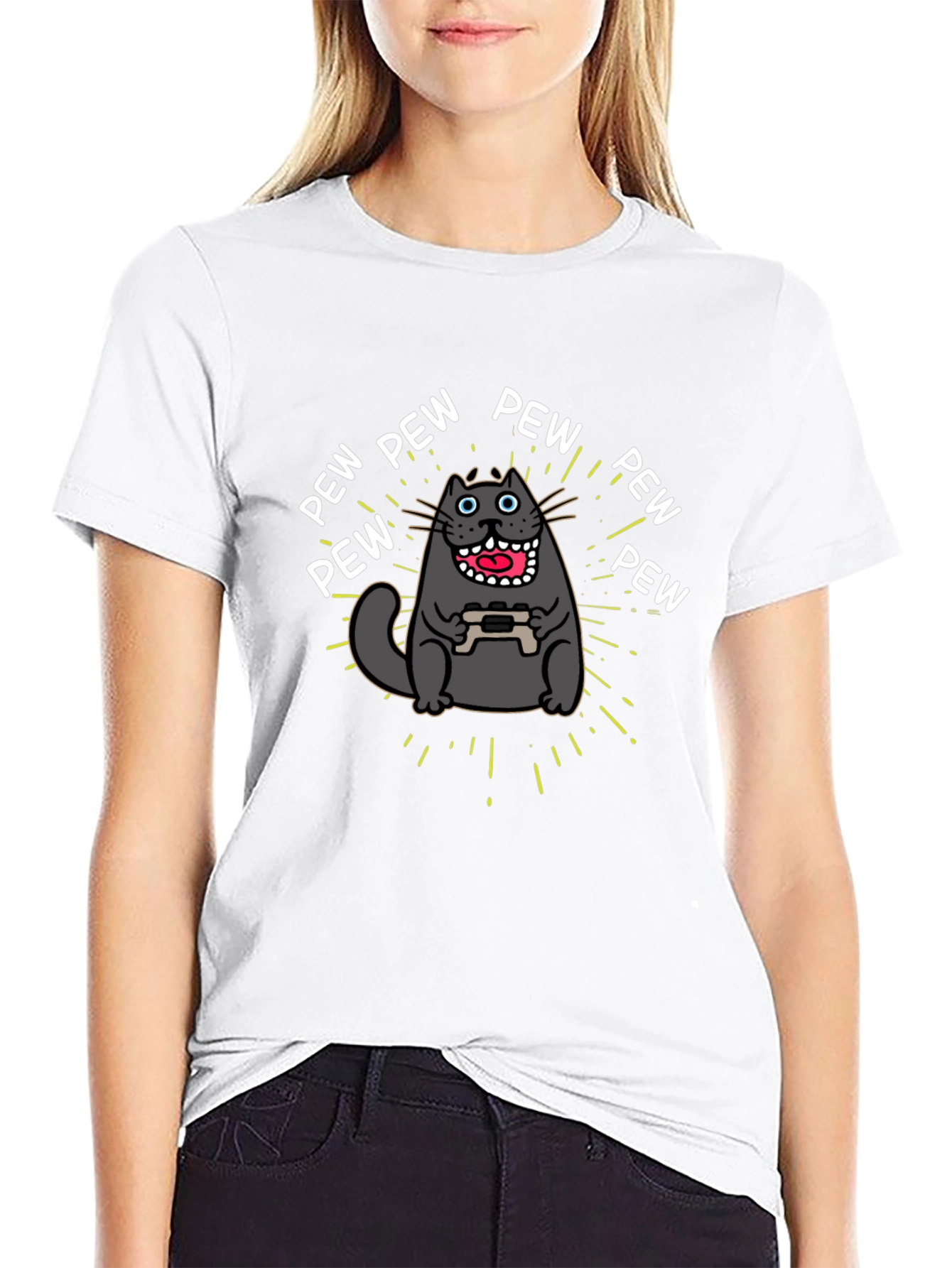 Gamer Cat Pew Pew Graphic Black T-Shirt