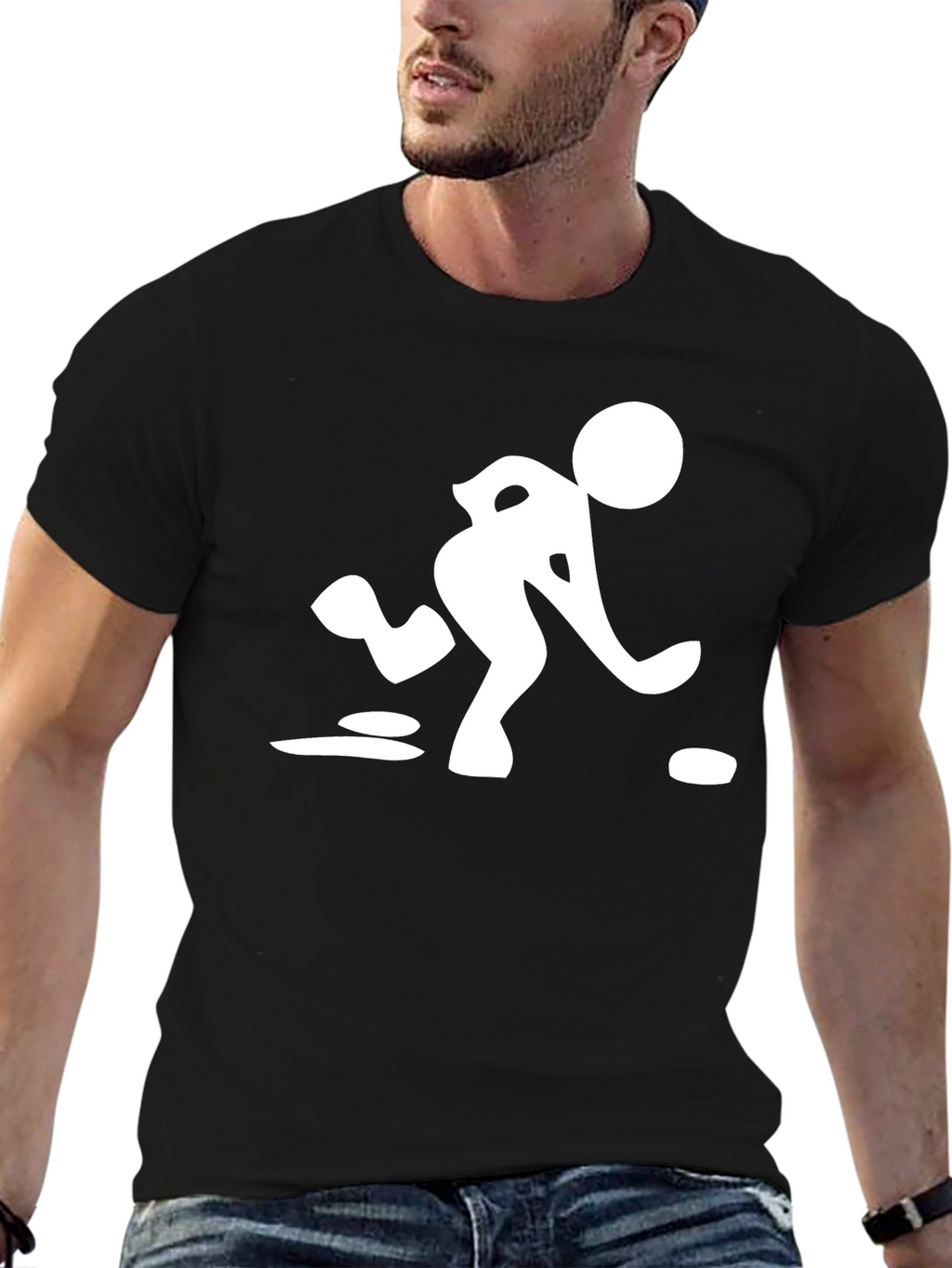 Mens Black T-Shirt with Curling Sport Graphic