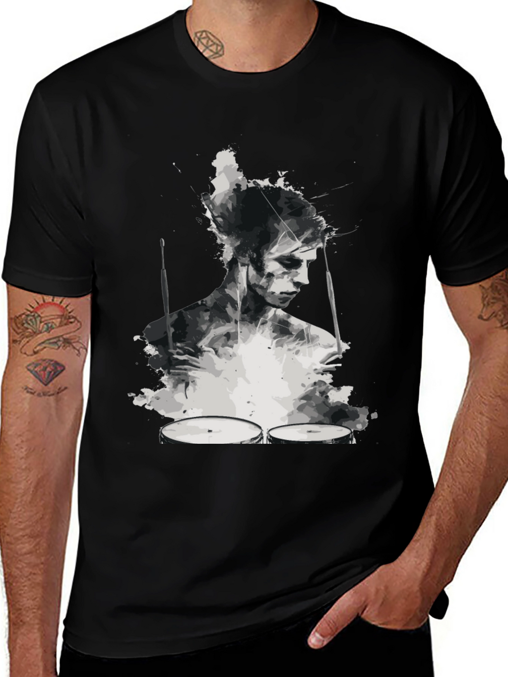 Abstract Drummer Graphic Tee - Black
