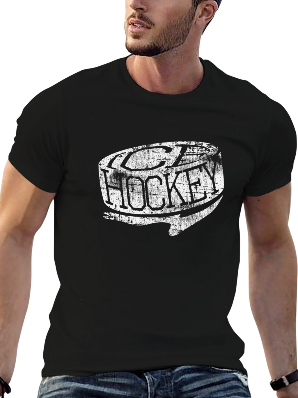 Distressed Ice Hockey Graphic Tee - Black