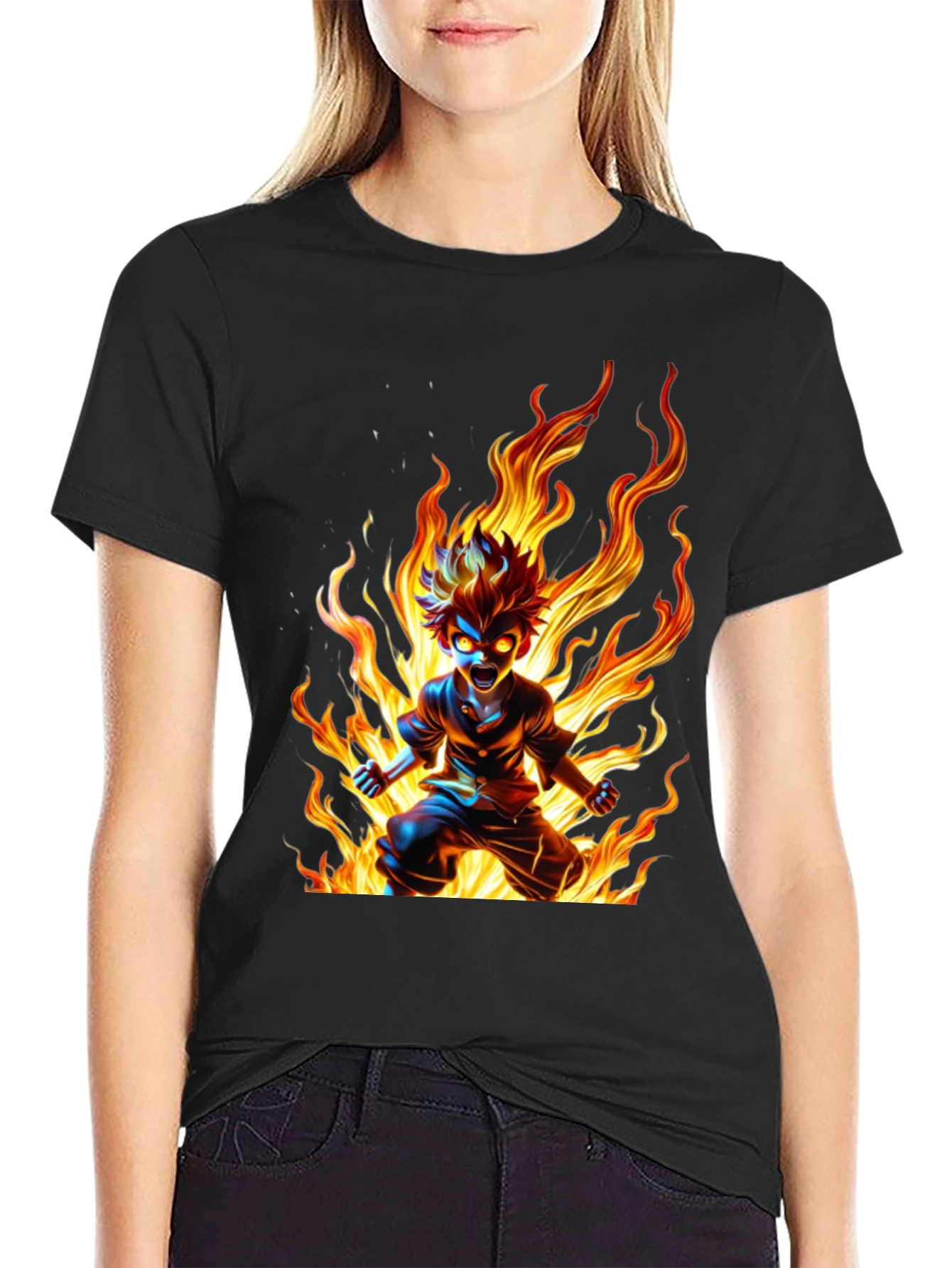 Anime Fire Fury Graphic Tee - Black
