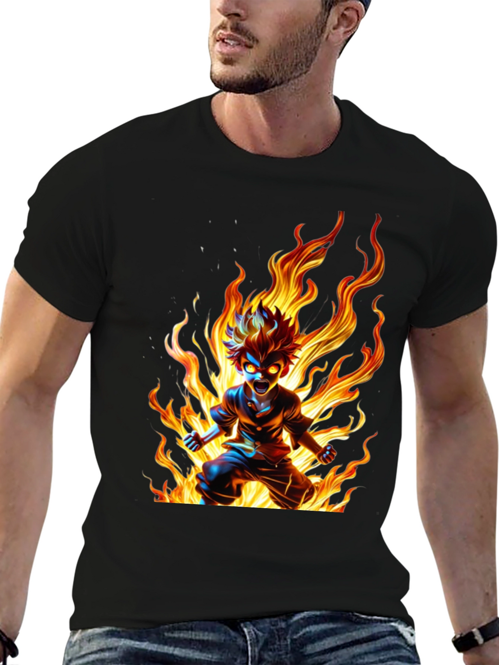 Anime Fire Fury Graphic Tee - Black