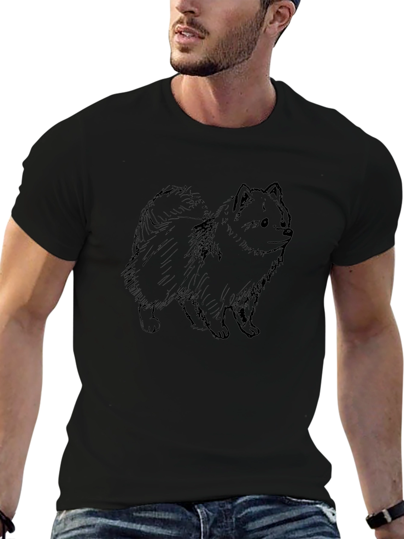 Cute Dog Sketch Graphic Tee - Black Cotton T-Shirt