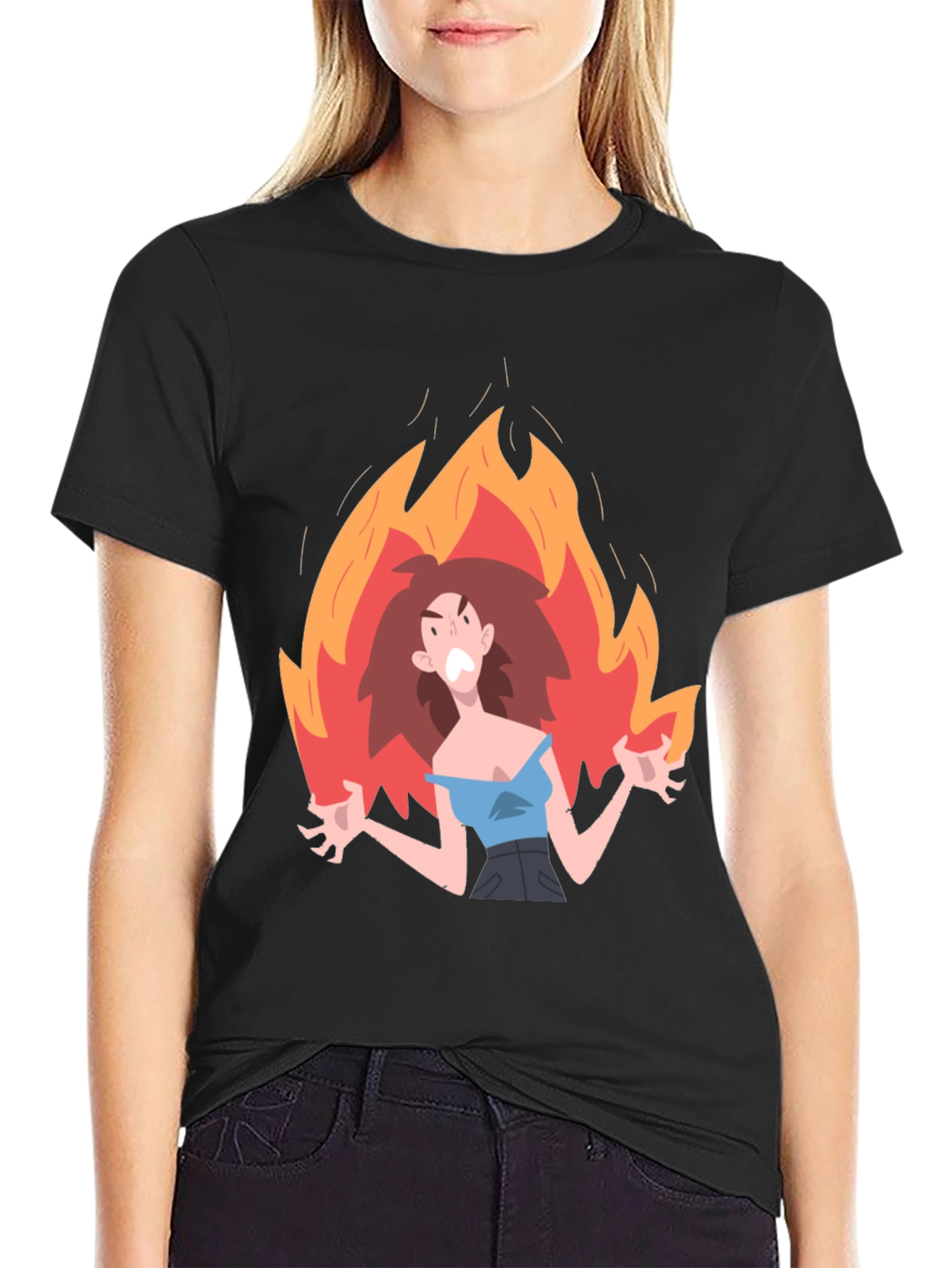 Angry Woman in Flames Graphic Tee - Black