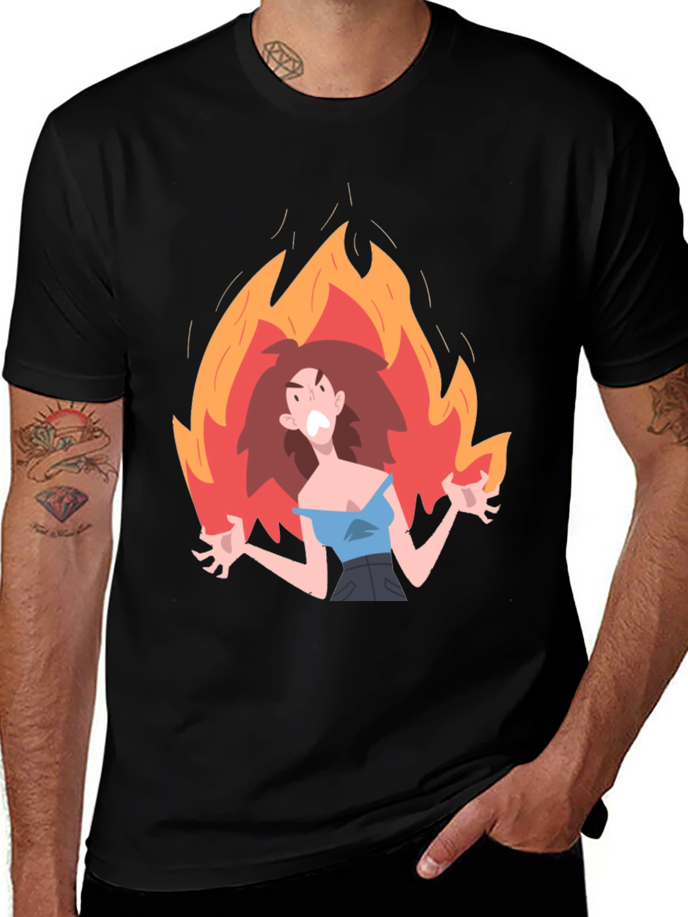 Angry Woman in Flames Graphic Tee - Black