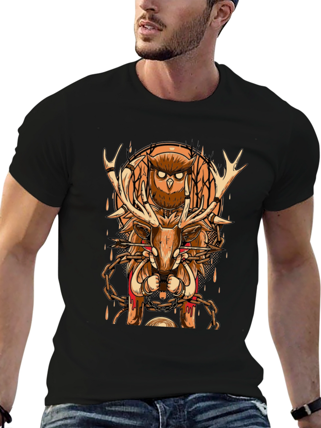 Owl & Deer Graphic Tee - Black Cotton Blend