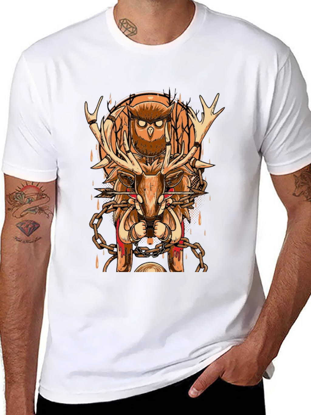 Owl & Deer Graphic Tee - Black Cotton Blend