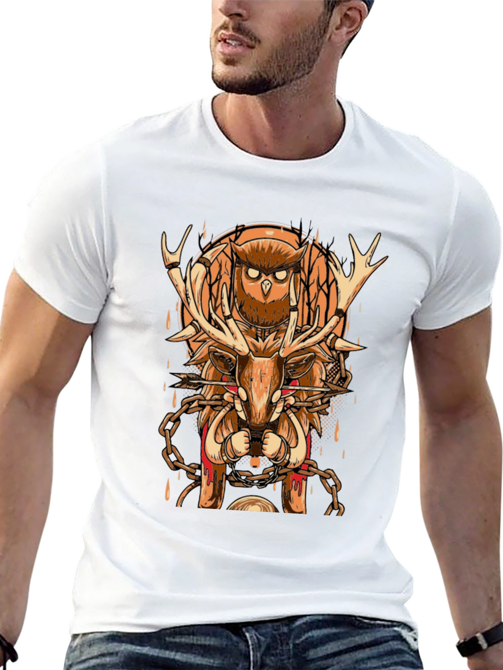 Owl & Deer Graphic Tee - Black Cotton Blend