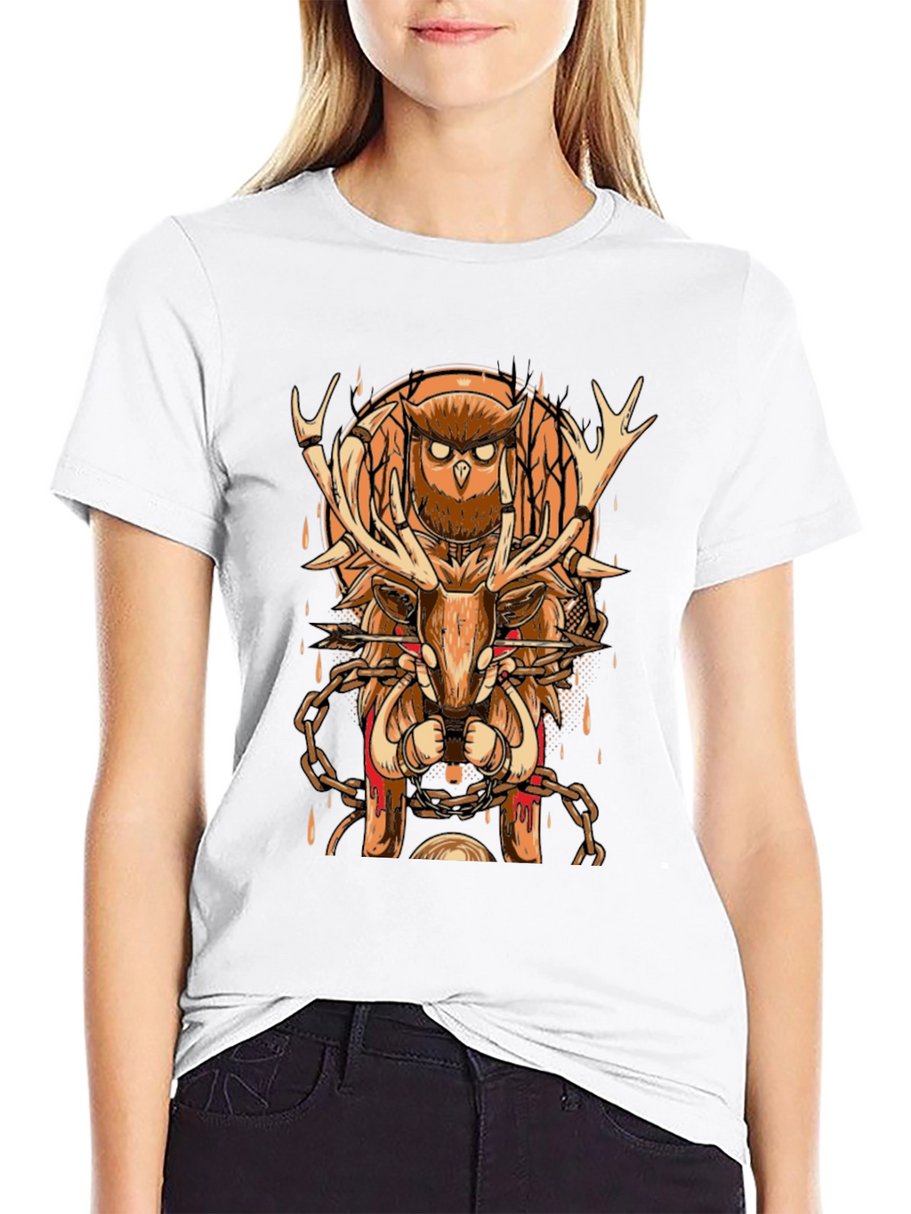 Owl & Deer Graphic Tee - Black Cotton Blend