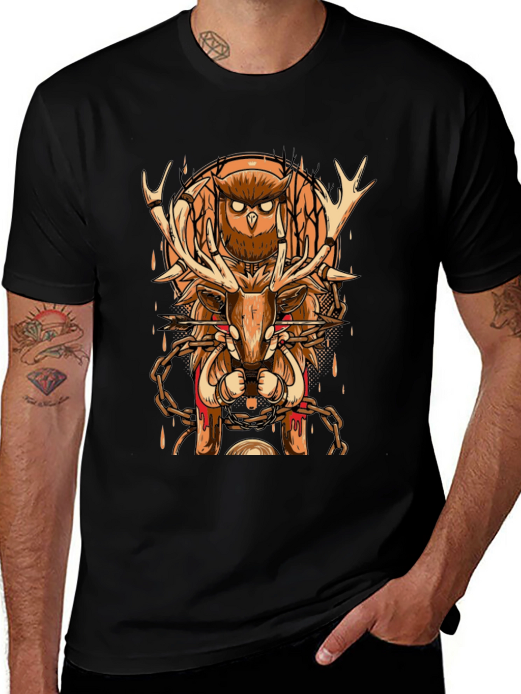 Owl & Deer Graphic Tee - Black Cotton Blend
