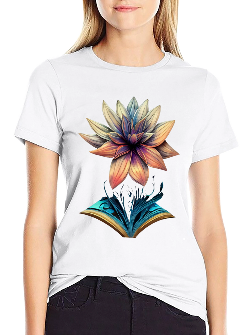 Artistic Flower & Book Graphic Tee
