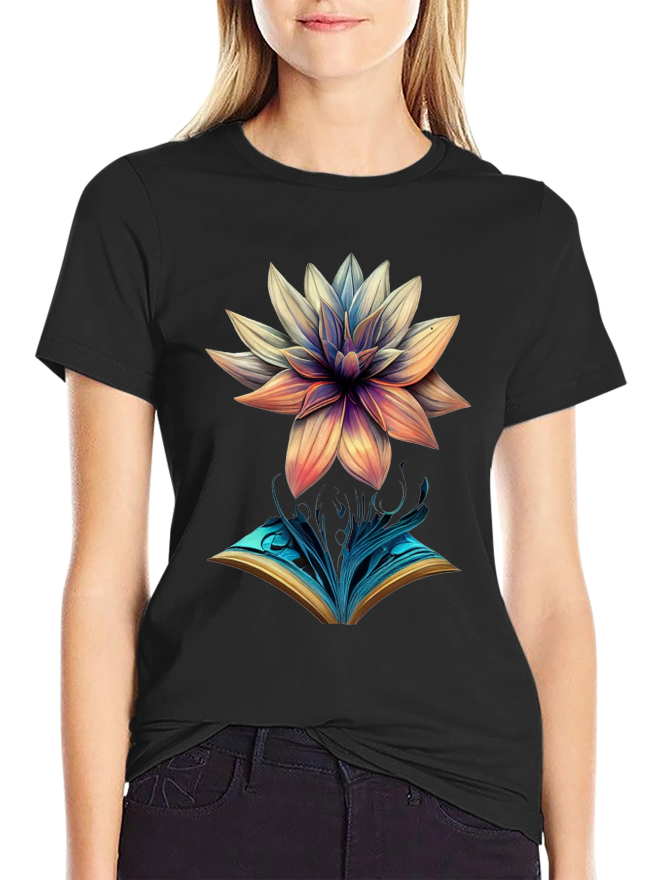 Artistic Flower & Book Graphic Tee