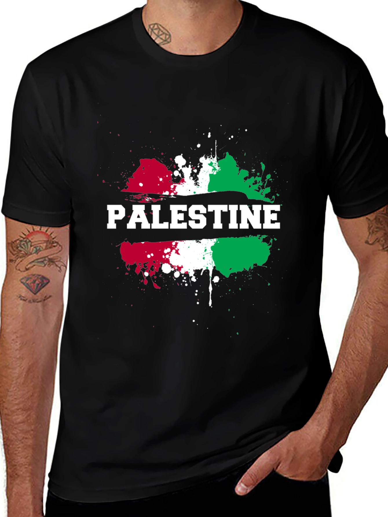Palestine Flag Splatter Print Black T-Shirt