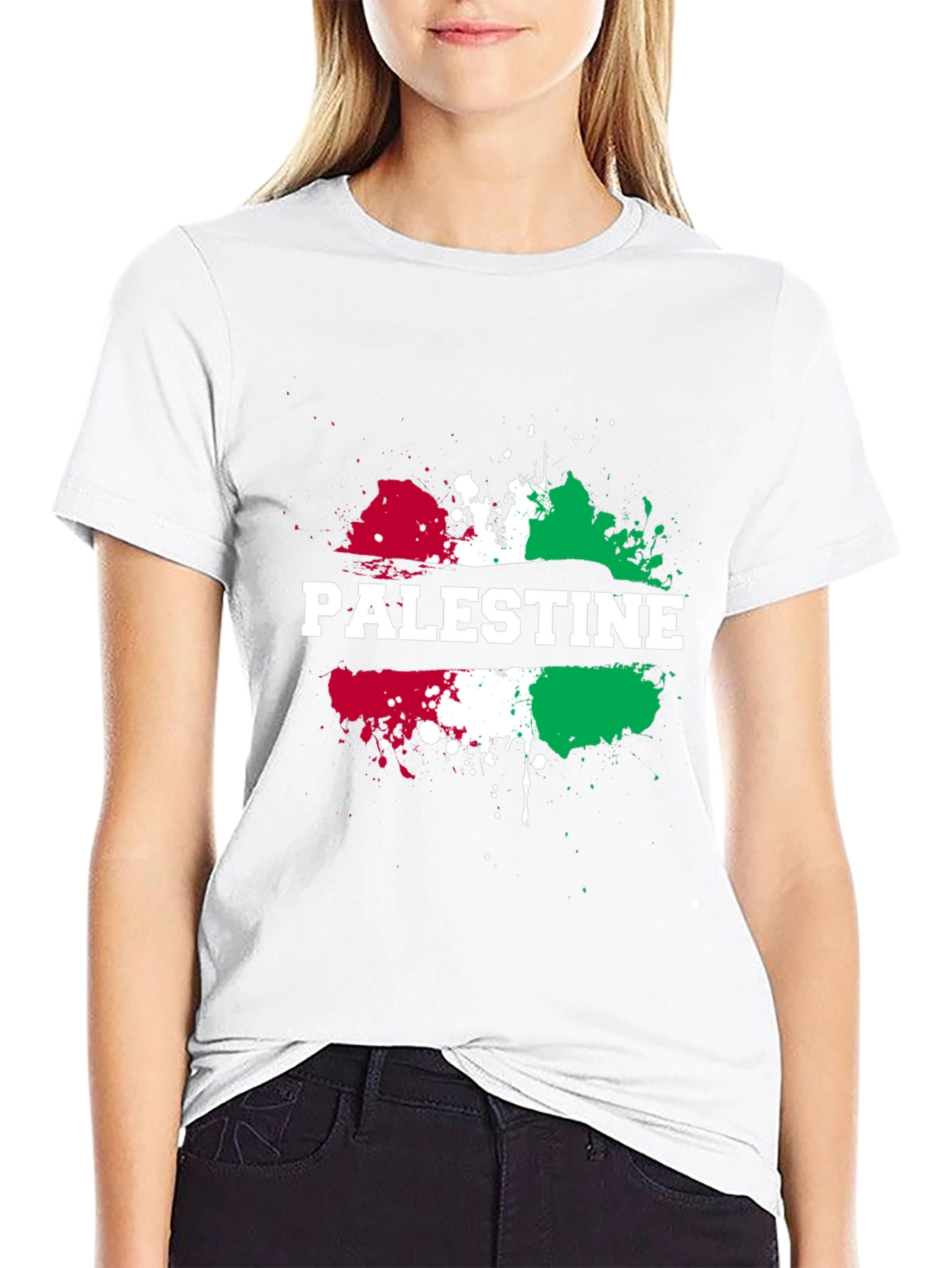 Palestine Flag Splatter Print Black T-Shirt