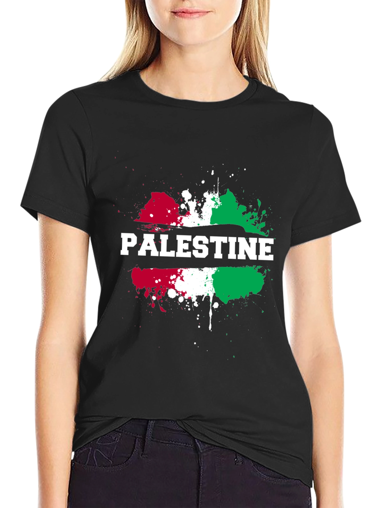 Palestine Flag Splatter Print Black T-Shirt