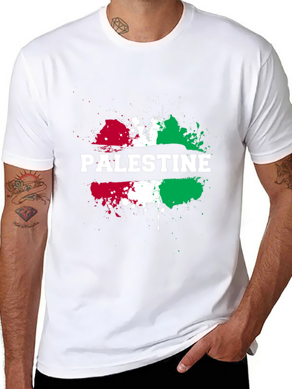 Palestine Flag Splatter Print Black T-Shirt
