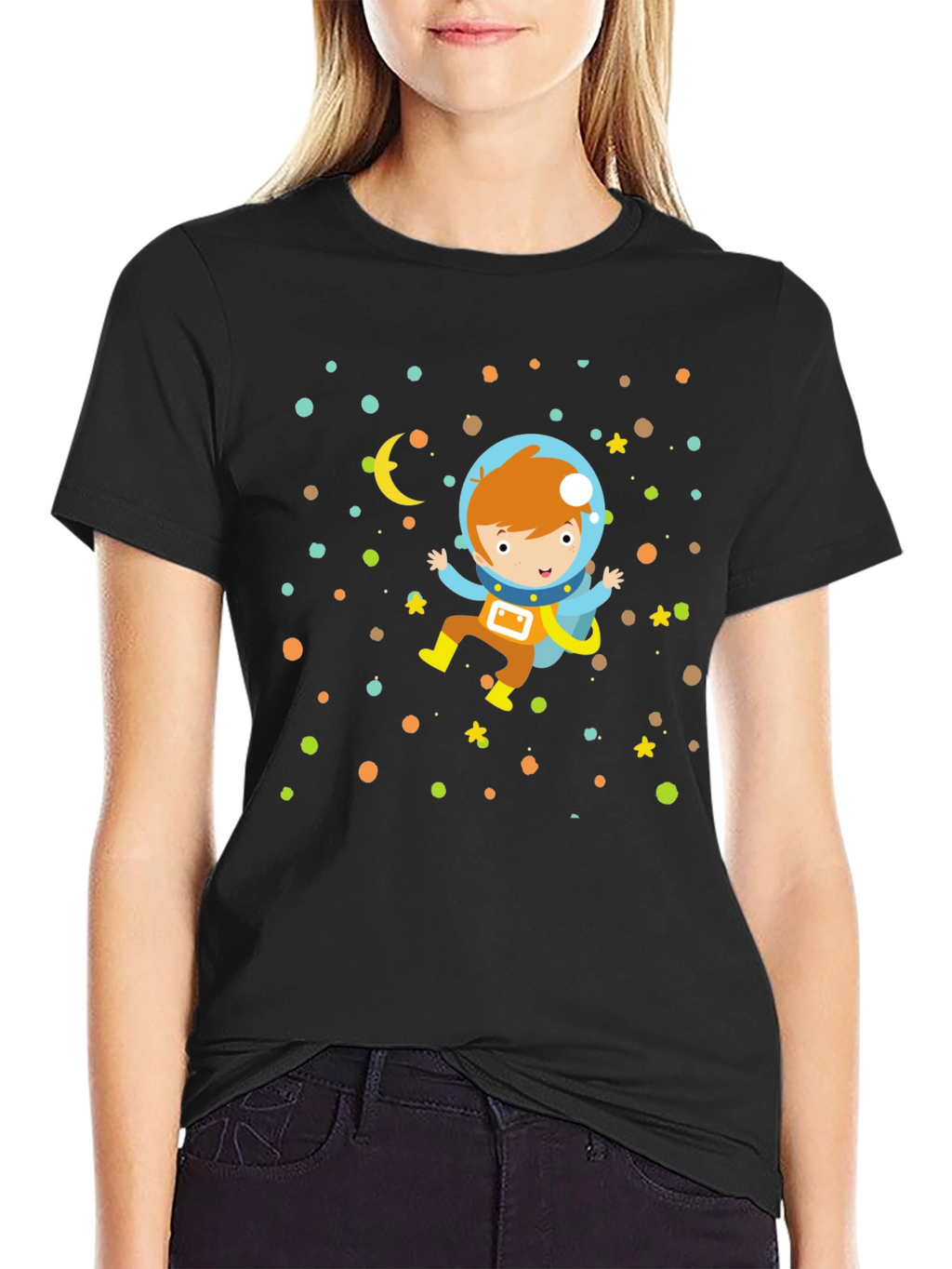 Astronaut Boy Graphic Print Black T-Shirt