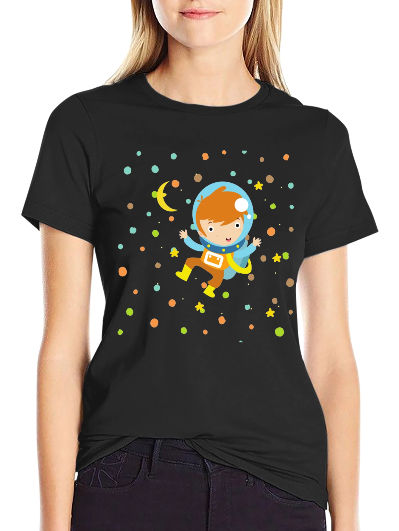 Astronaut Boy Graphic Print Black T-Shirt