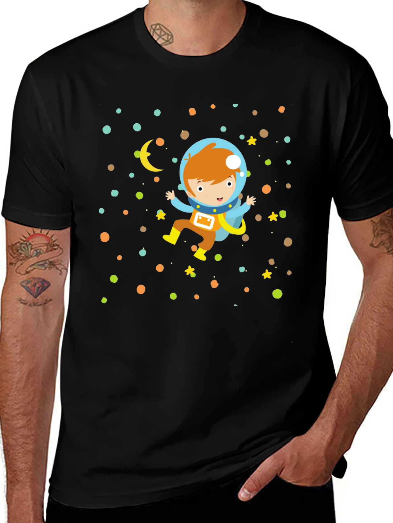 Astronaut Boy Graphic Print Black T-Shirt
