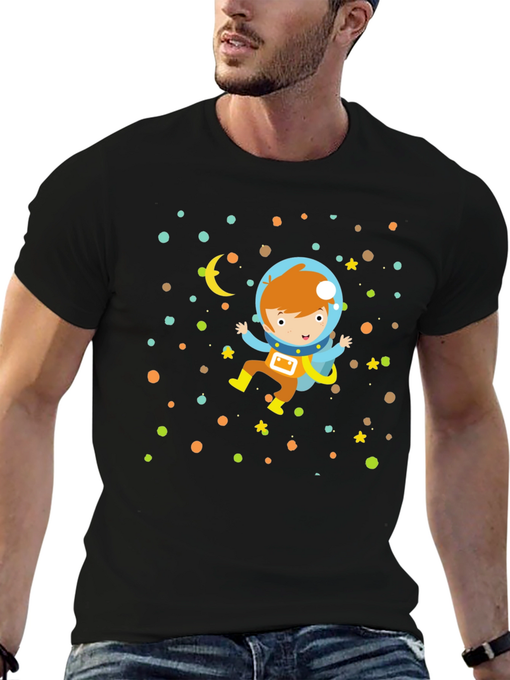 Astronaut Boy Graphic Print Black T-Shirt