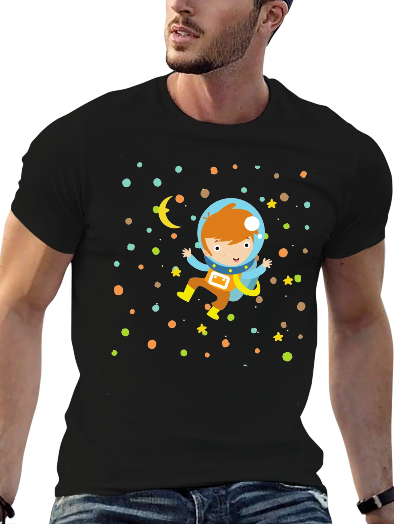 Astronaut Boy Graphic Print Black T-Shirt