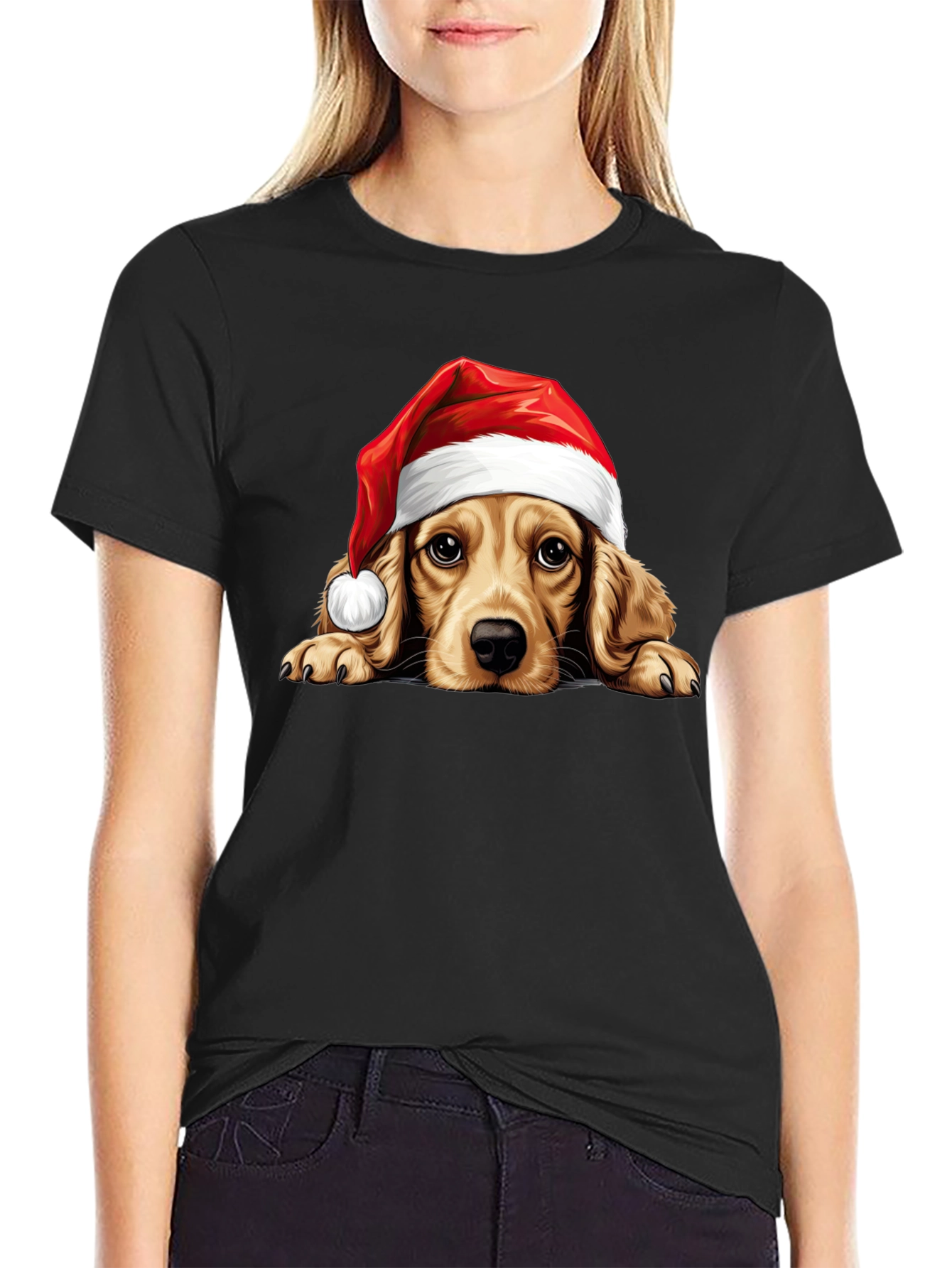 Cute Dog in Santa Hat Black T-Shirt