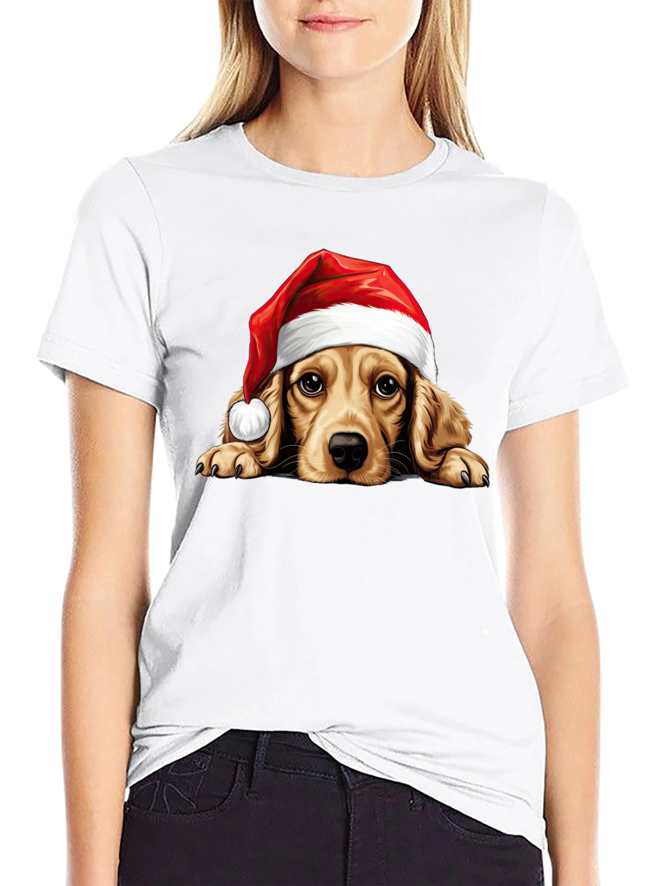 Cute Dog in Santa Hat Black T-Shirt