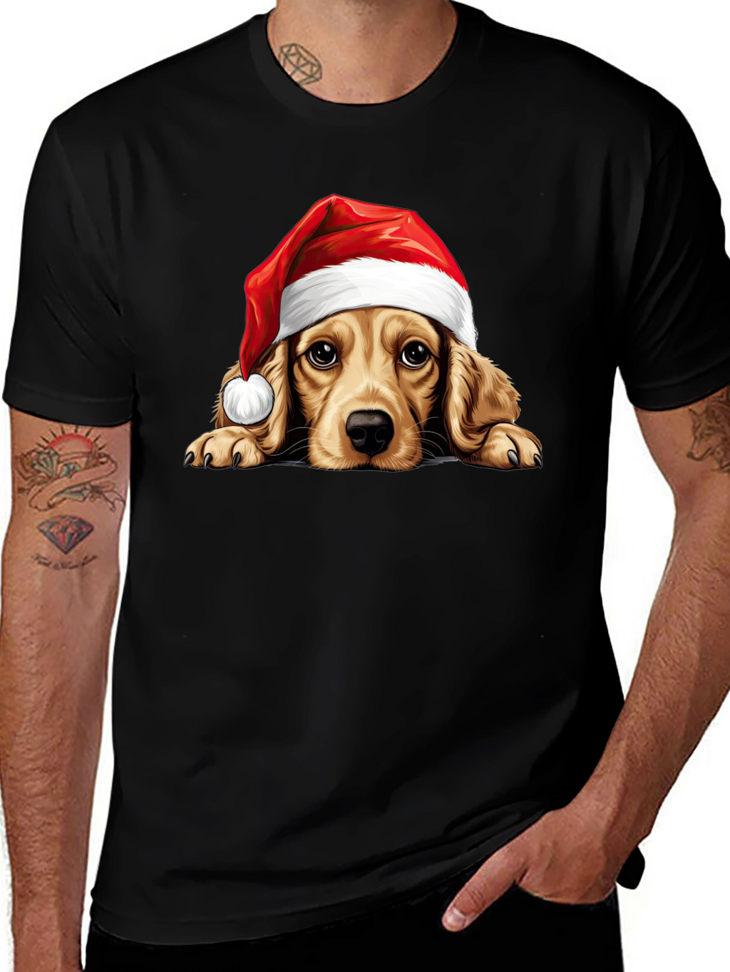 Cute Dog in Santa Hat Black T-Shirt