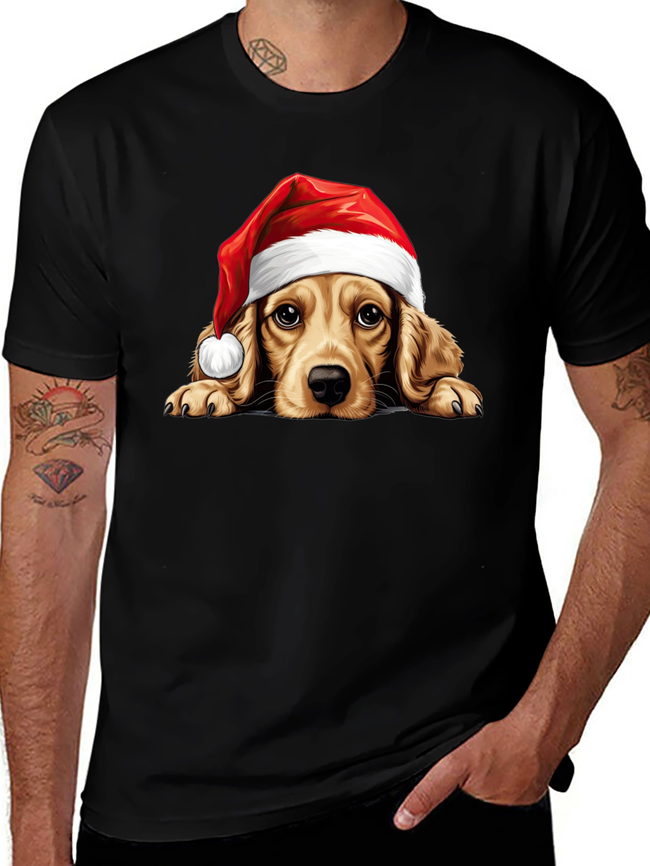 Cute Dog in Santa Hat Black T-Shirt