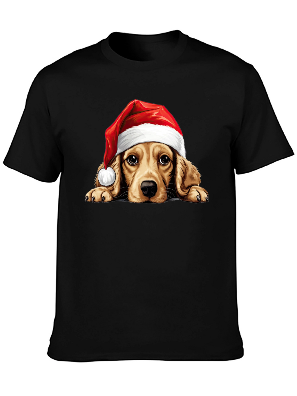 Cute Dog in Santa Hat Black T-Shirt