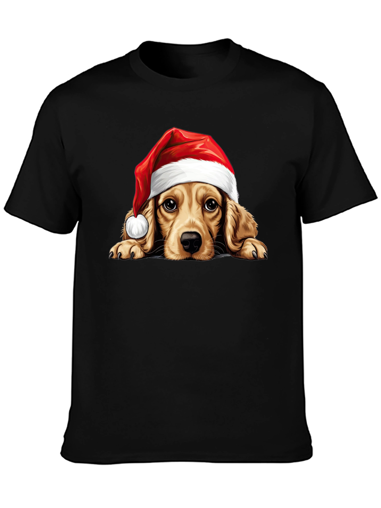 Cute Dog in Santa Hat Black T-Shirt
