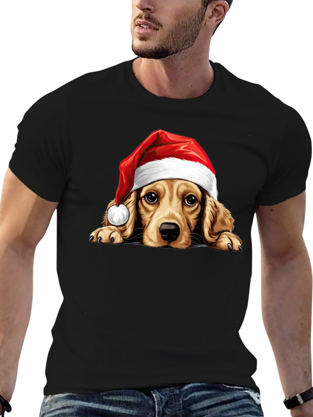 Cute Dog in Santa Hat Black T-Shirt
