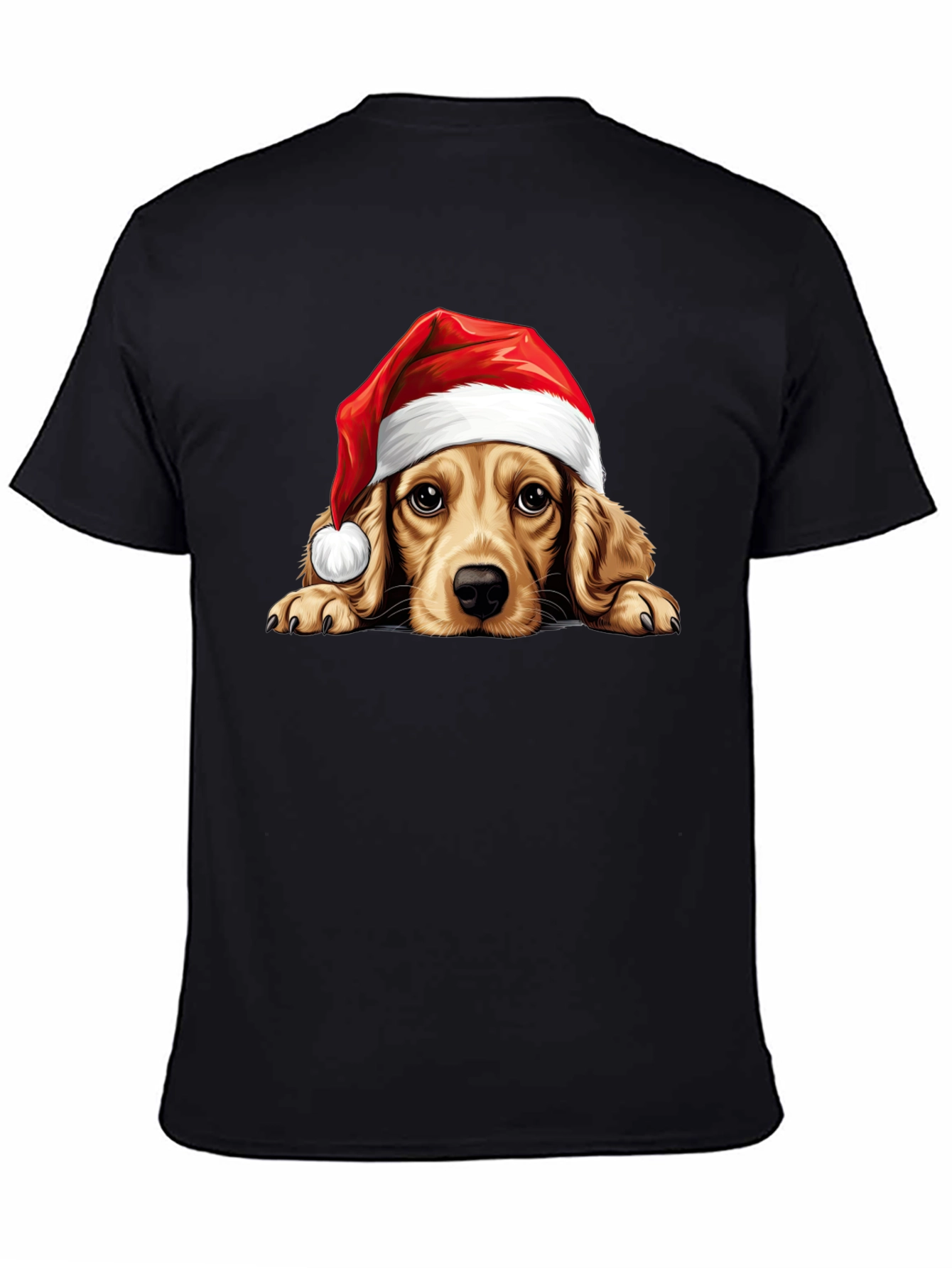 Cute Dog in Santa Hat Black T-Shirt