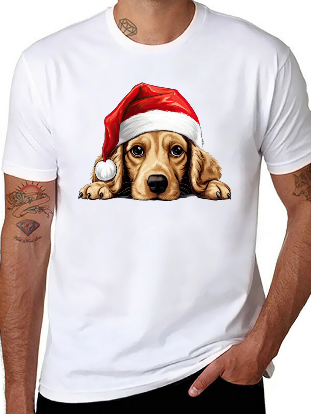 Cute Dog in Santa Hat Black T-Shirt