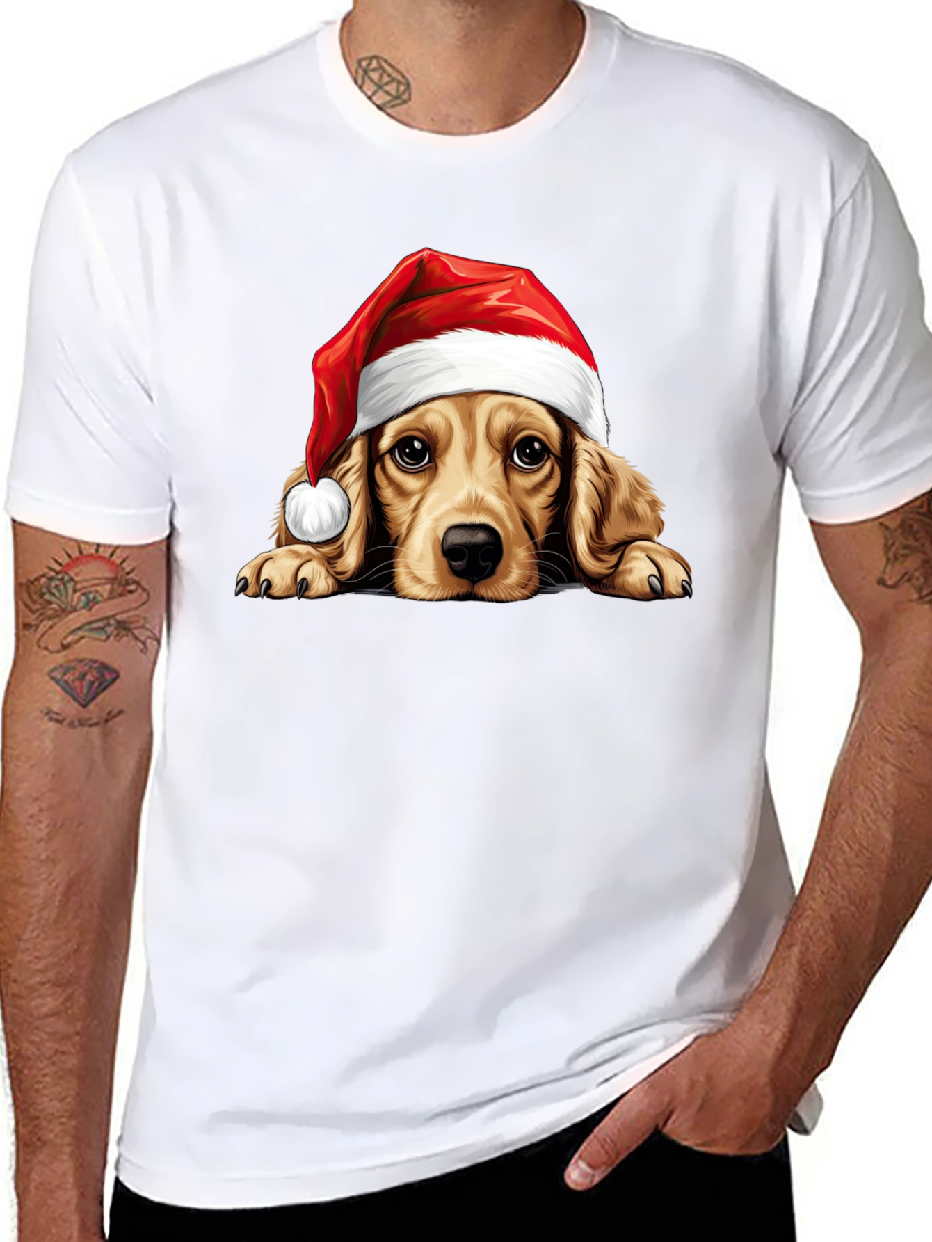 Cute Dog in Santa Hat Black T-Shirt