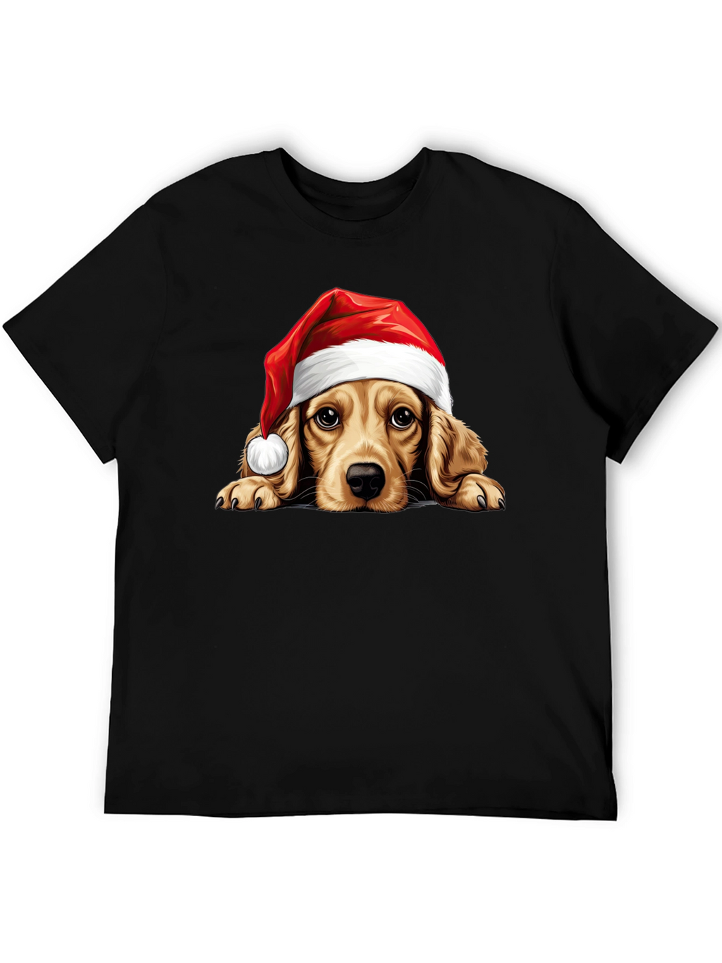 Cute Dog in Santa Hat Black T-Shirt