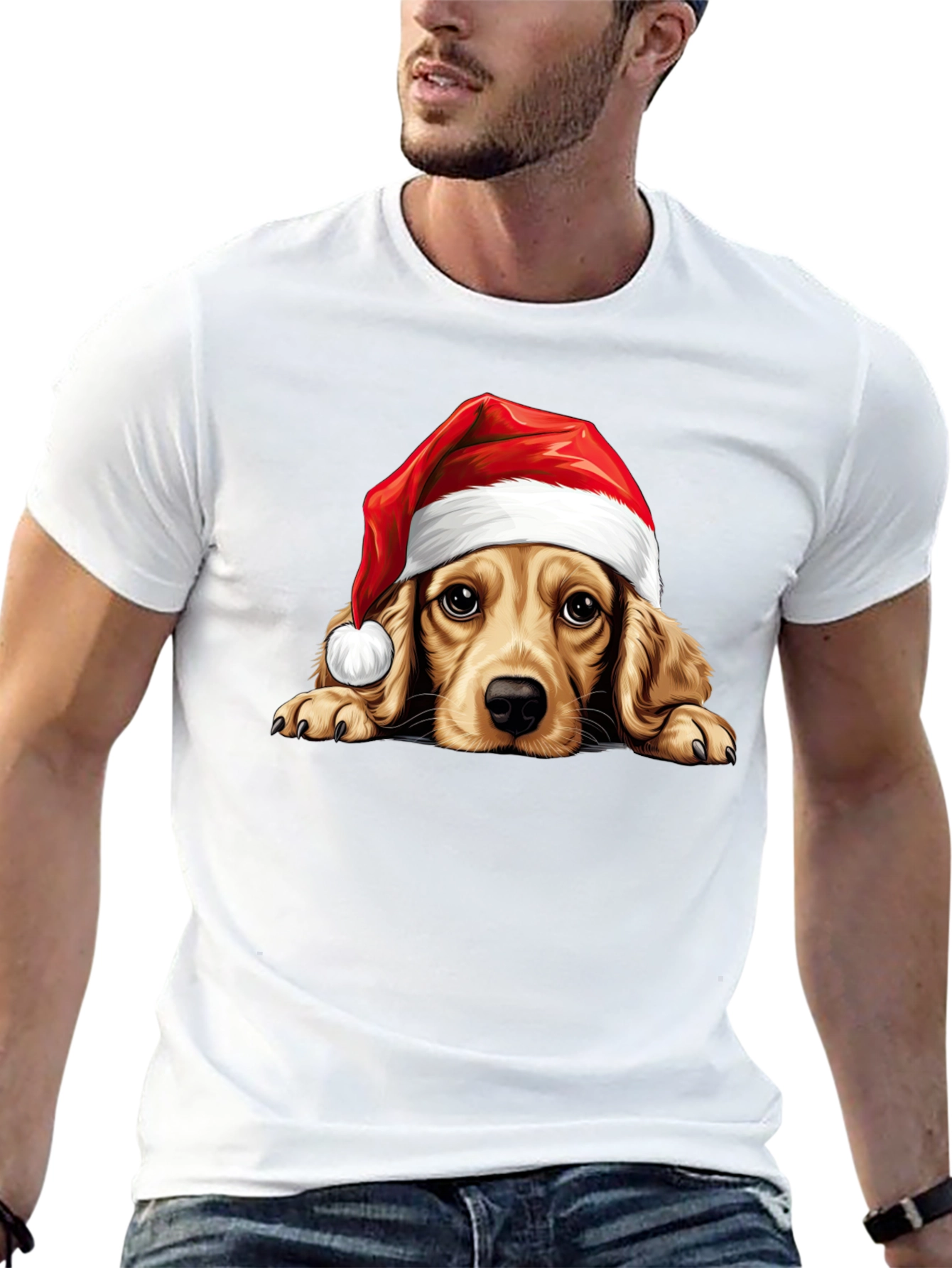 Cute Dog in Santa Hat Black T-Shirt