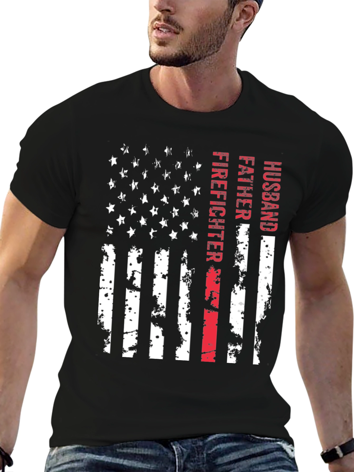 Firefighter Husband Father American Flag T-Shirt