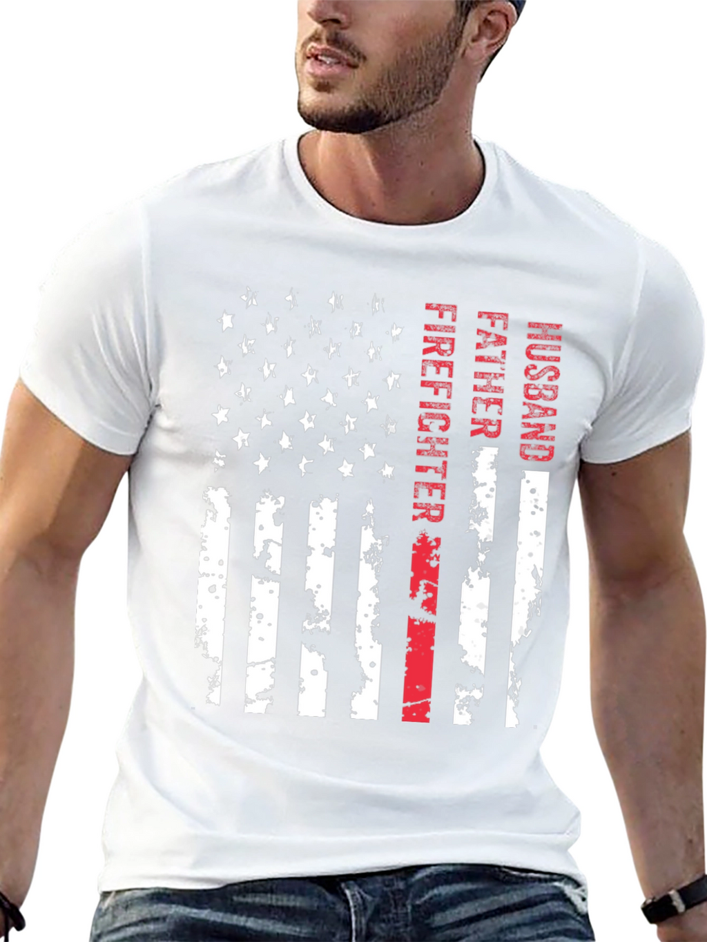 Firefighter Husband Father American Flag T-Shirt