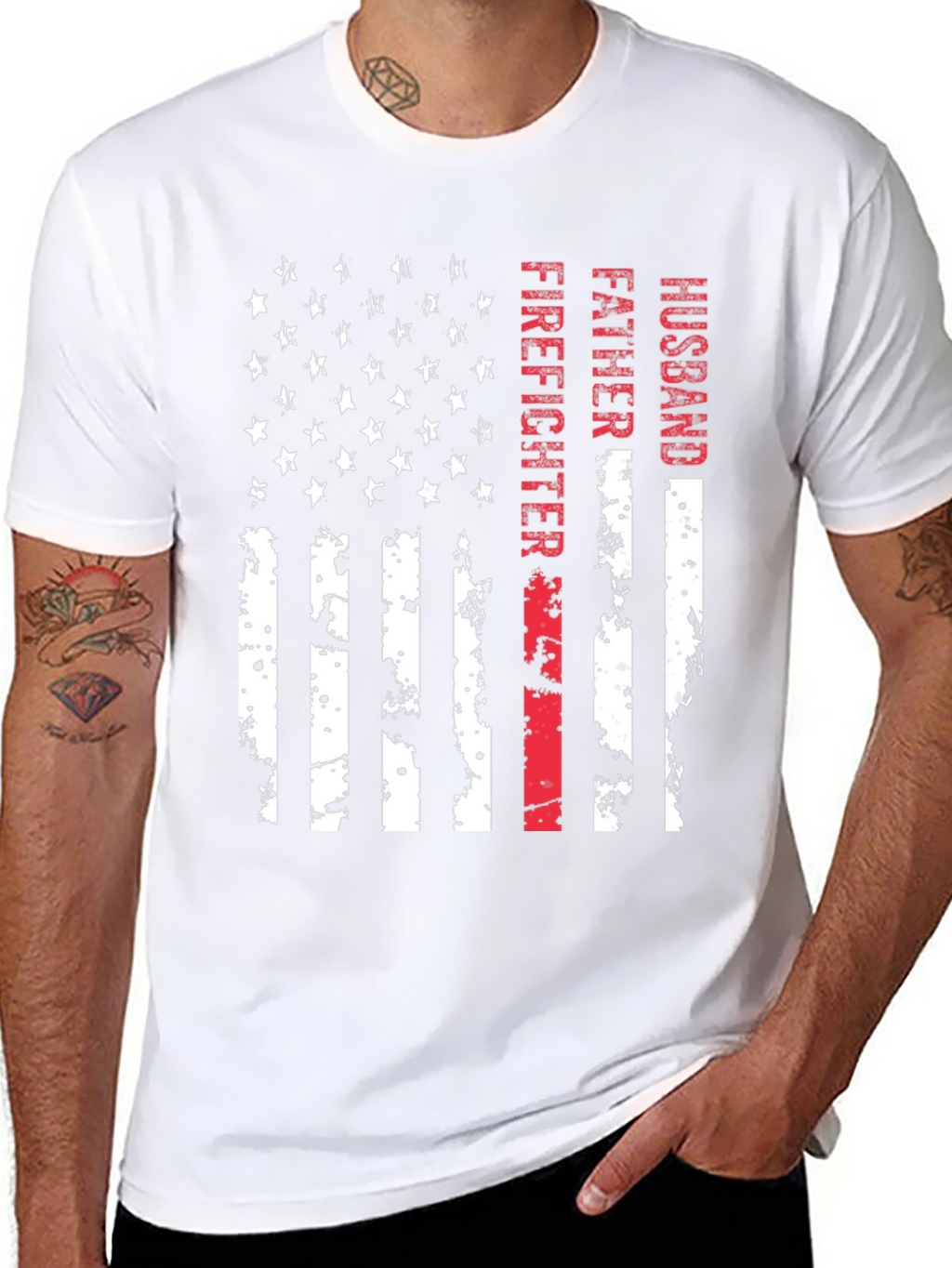 Firefighter Husband Father American Flag T-Shirt