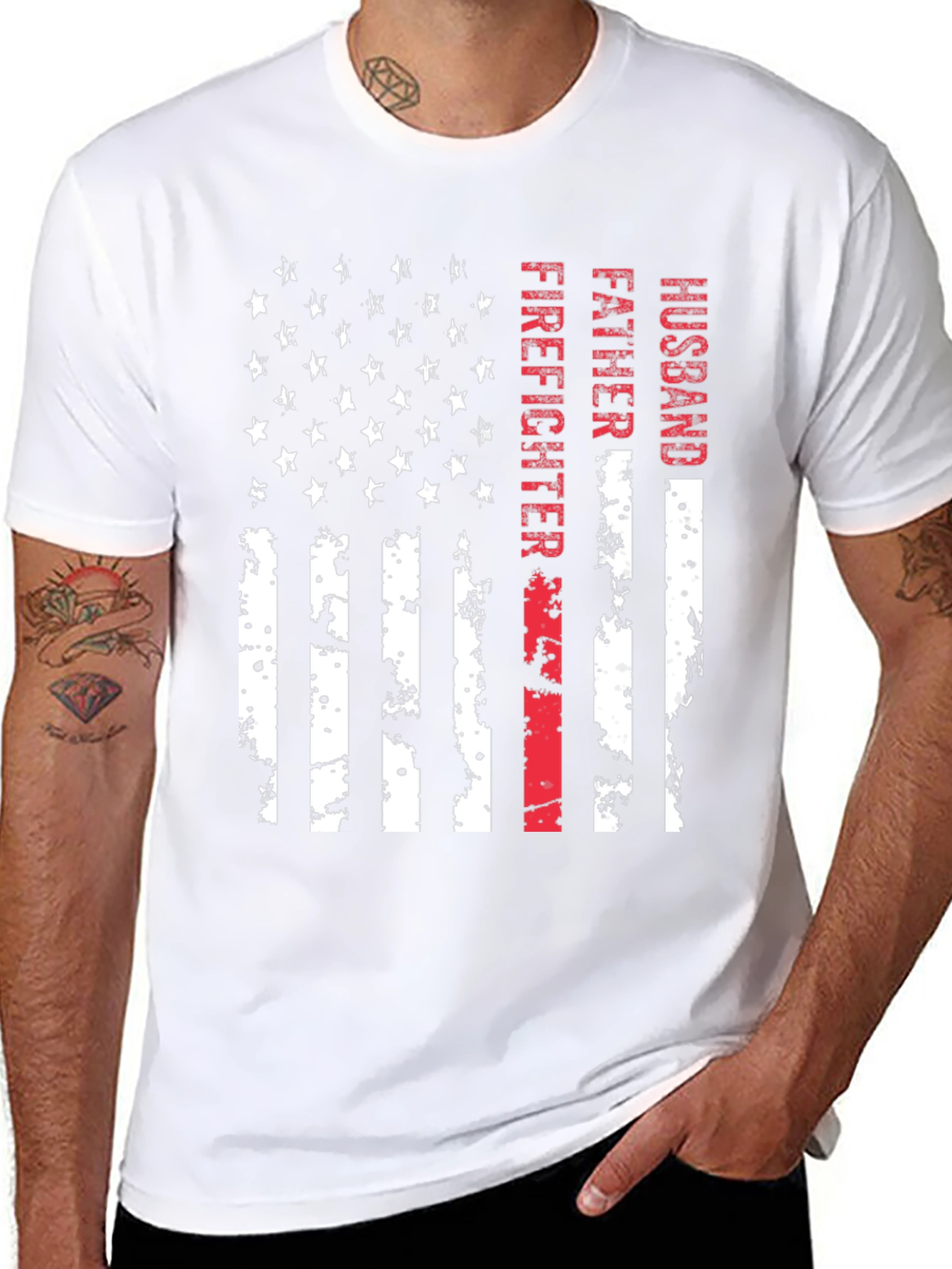 Firefighter Husband Father American Flag T-Shirt
