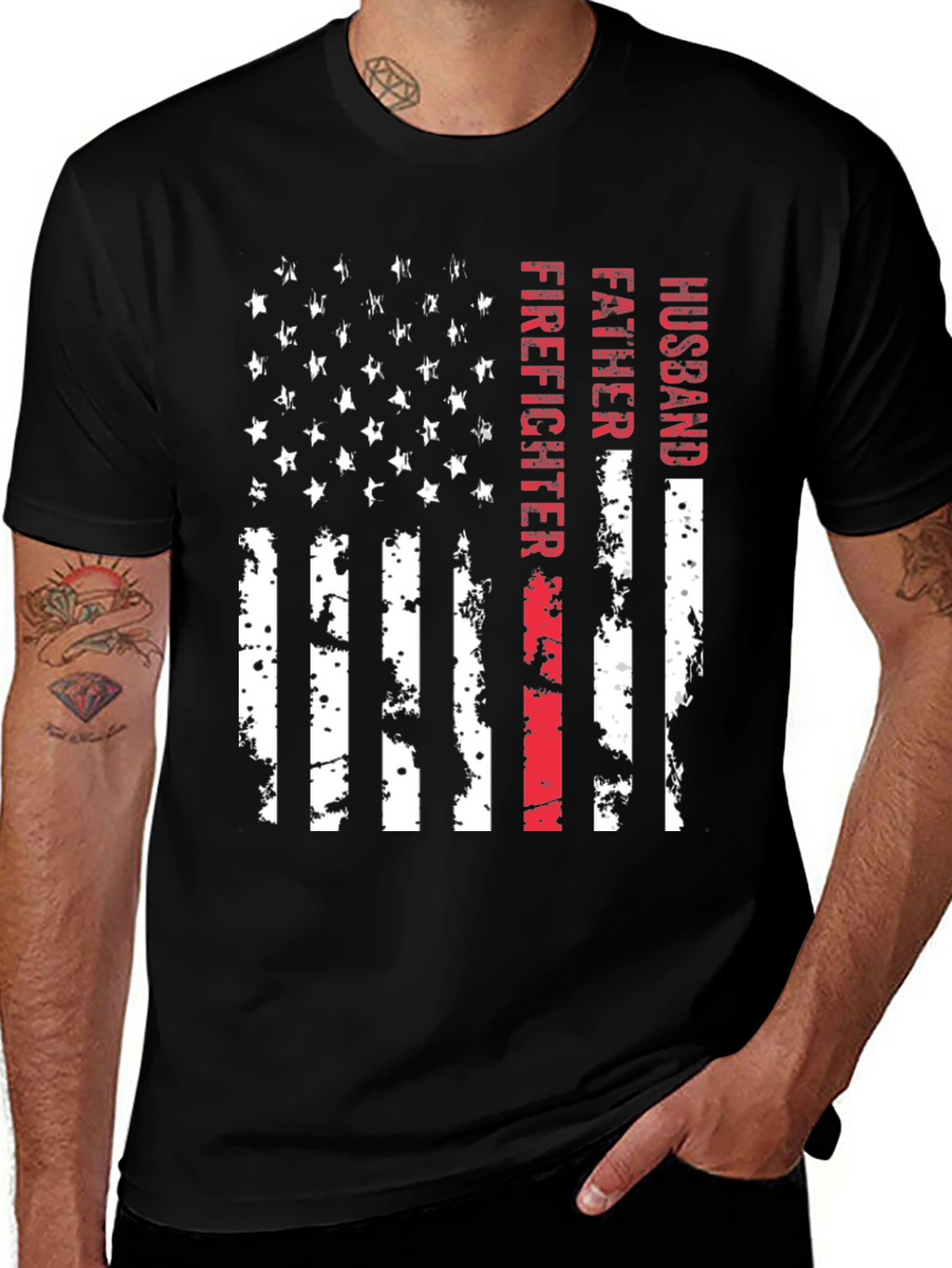 Firefighter Husband Father American Flag T-Shirt